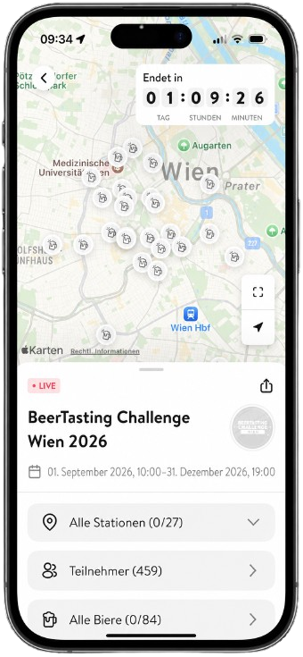 BeerTasting Challenge Wien – Live-Ansicht in der App mit Karte, Countdown und Stationen